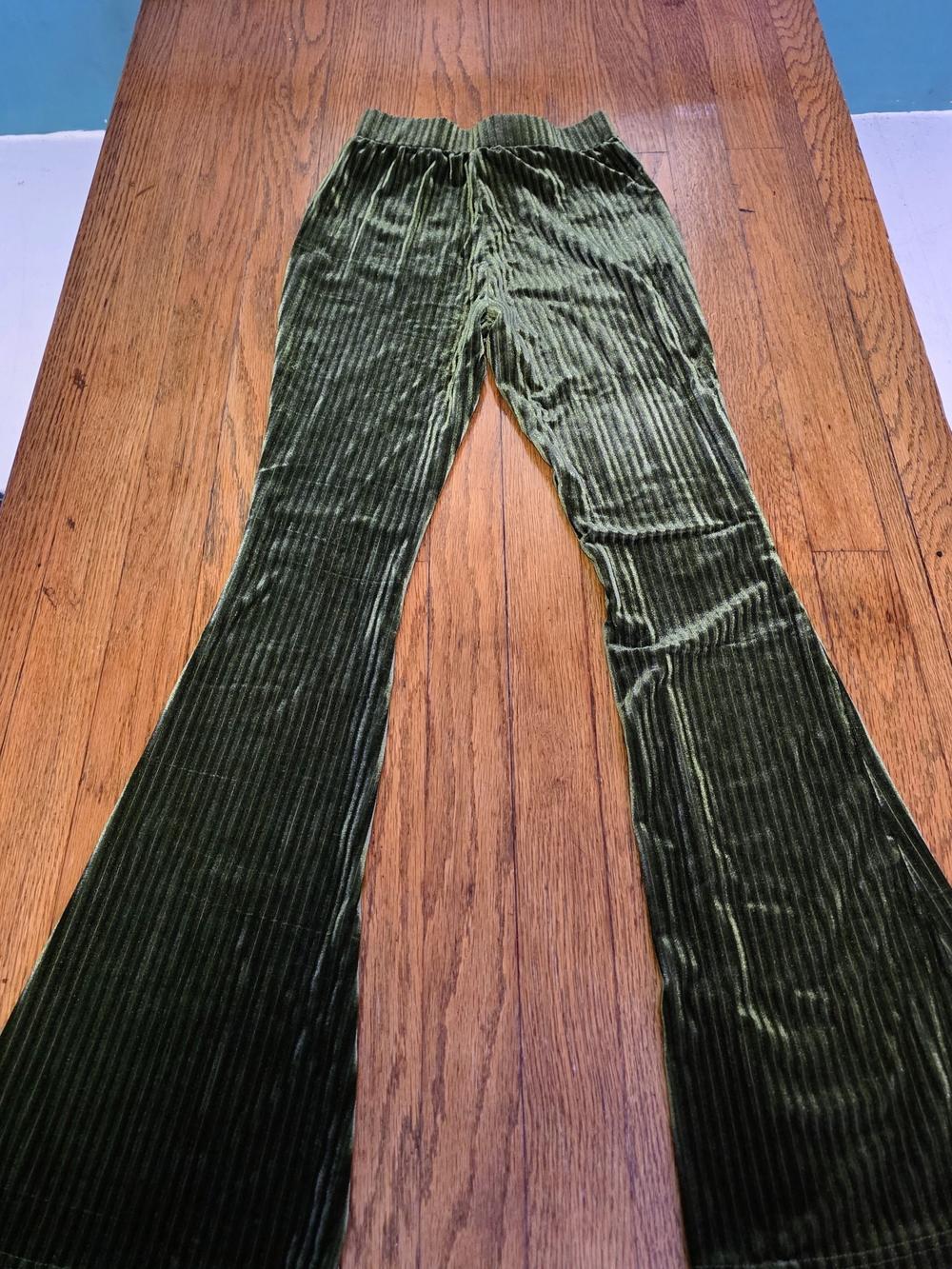 Soft olive green velvet/corduroy-style flare